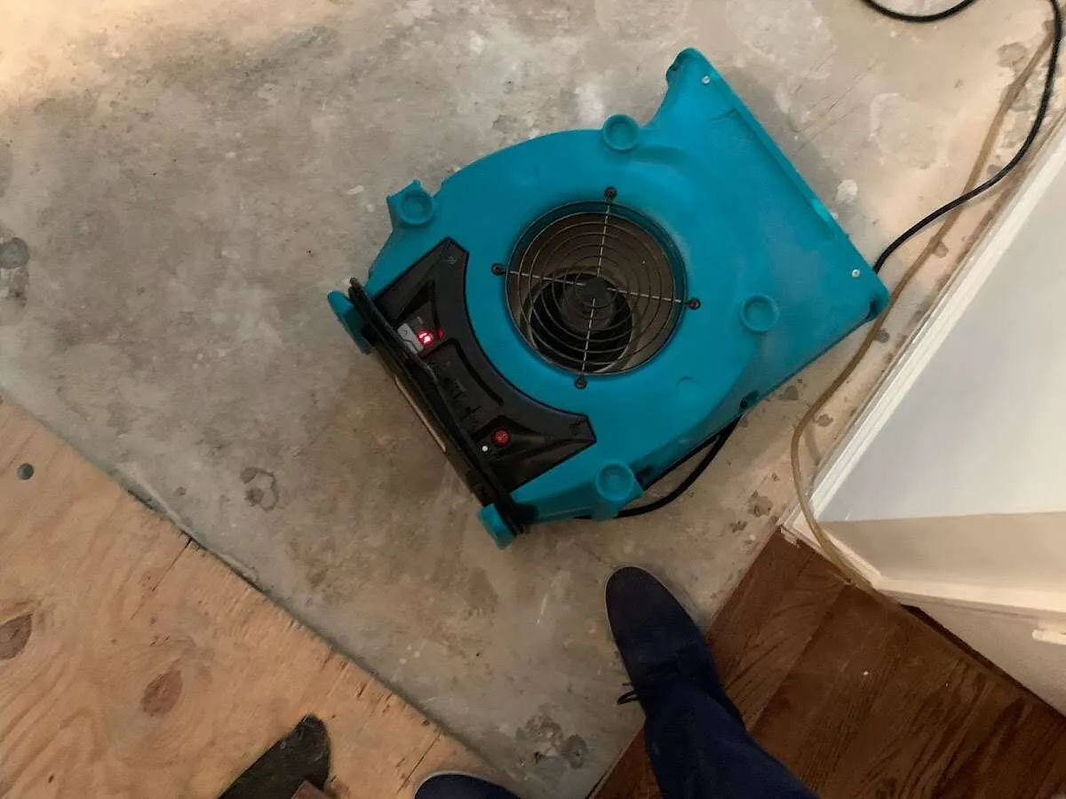 Air mover drying subfloor during Commercial Water Damage Restoration in Kahului